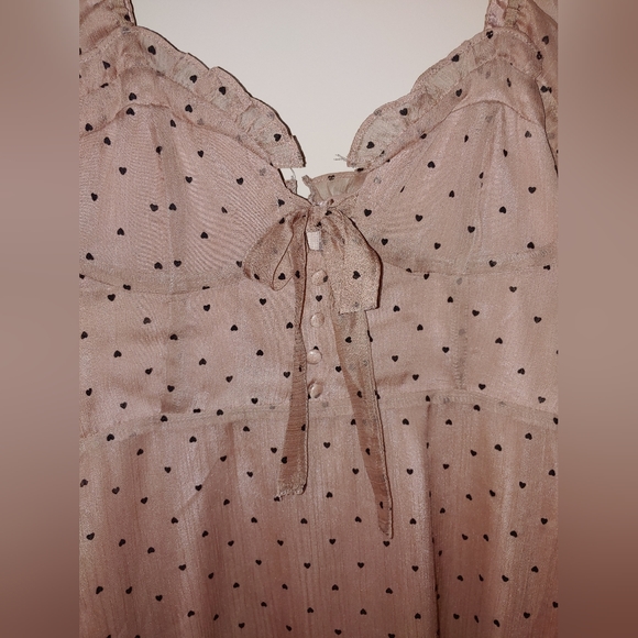 Heart print babydoll cottagecore tan dress, keyhole, tie & buttons at bust, sm. - Picture 7 of 8